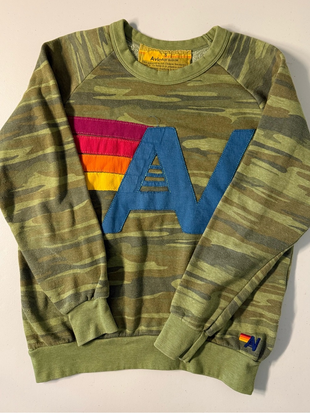 VTG Aviator Nation Logo Stitch Green Camo Pullover Crewneck Sweatshirt Small